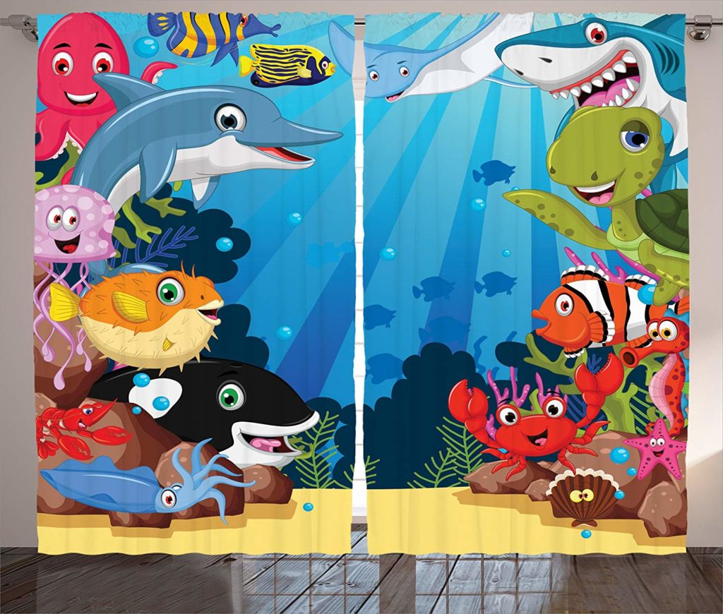 Friendly Cartoon Sea Creatures Wall Curtain